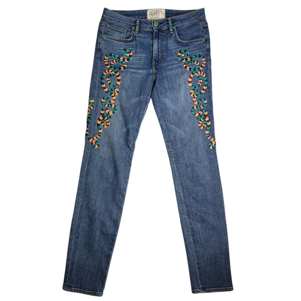 Sandrine Rose Jeans Womens‎ Size 28 Snake Embroidery Mid Rise Blue Denim Pants